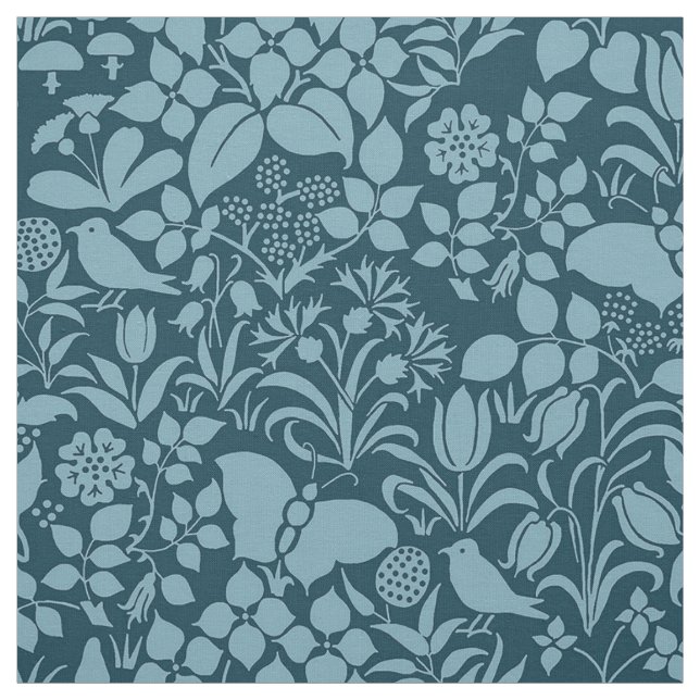 Garden with Birds and Butterflies, Peacock Blue Fabric (Swatch)