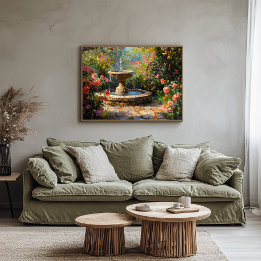 Garden with Blooming Roses and Water Fountain Canvas Print