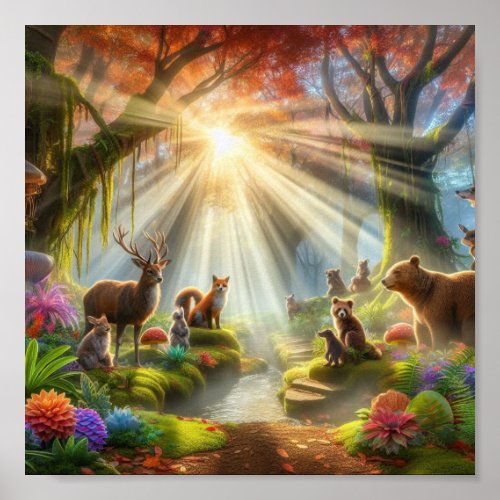 Garden with talking animals and fantastical flora poster