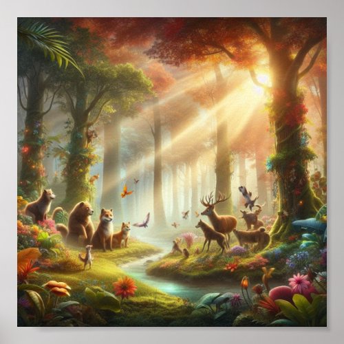 Garden with talking animals and fantastical flora poster