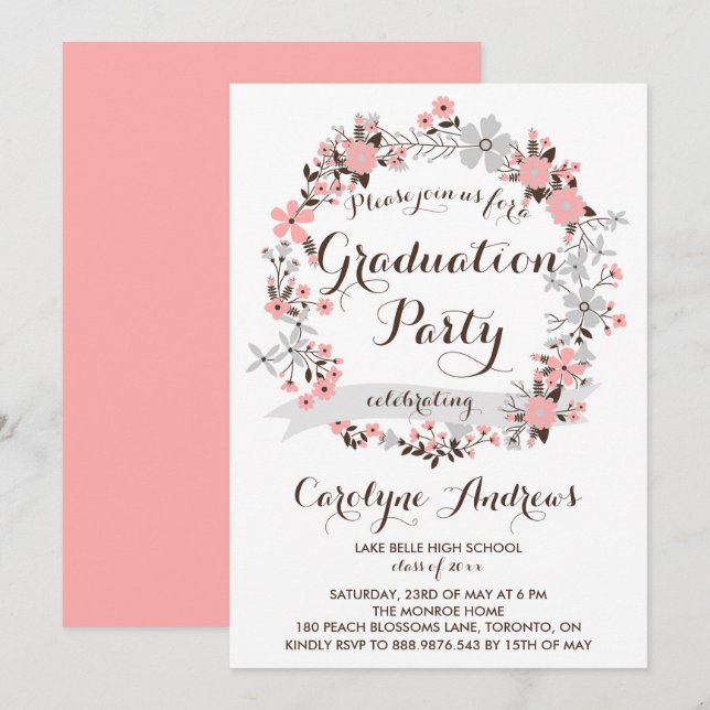 Garden Wreath | Pink and Gray Floral Graduation Invitation (Front/Back)
