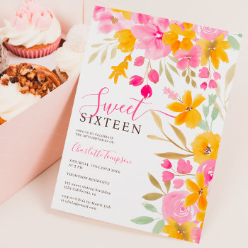 Garden Yellow Pink Floral Chic Sweet 16 Invitation by girly_trend at Zazzle