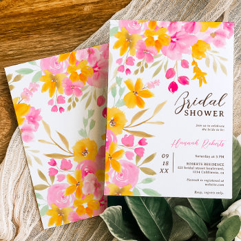 Garden Yellow Pink Floral Watercolor Bridal Shower Invitation by girly_trend at Zazzle