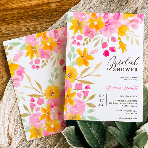 Garden yellow pink floral watercolor bridal shower invitation