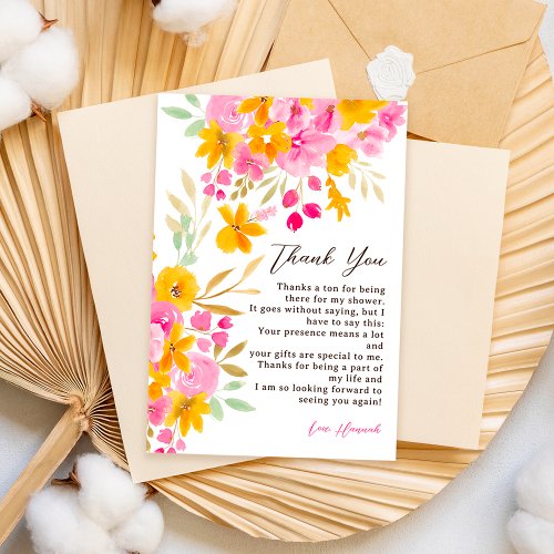 Garden yellow pink floral watercolor bridal shower thank you card
