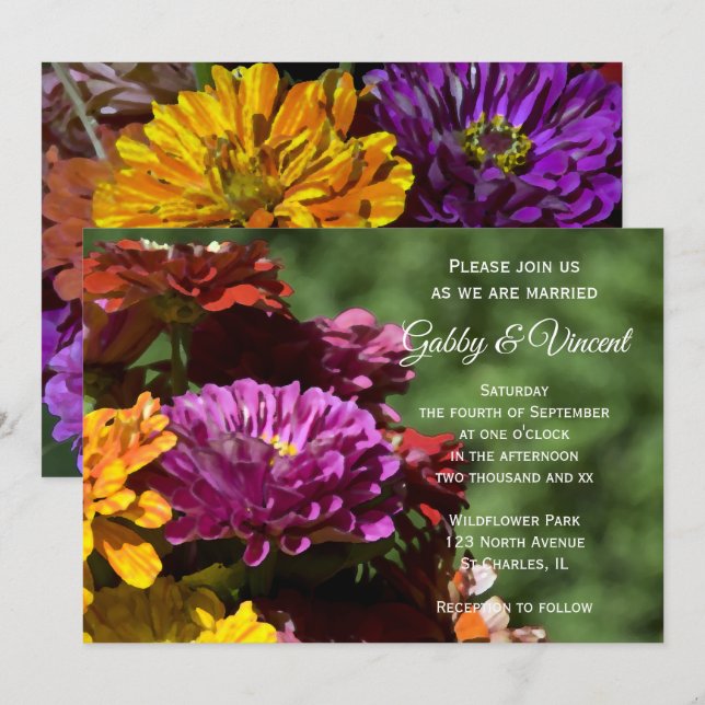 Garden Zinnia Flowers Wedding Invitation (Front/Back)