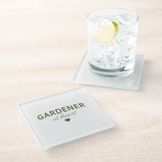GARDENER AT HEART - Drk Grn Text on Glass Coaster