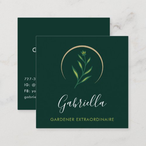 Gardener Custom Floral Logo QR Code Emerald Green Square Business Card