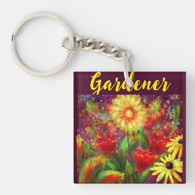 Gardener Floral Flowers Painting Abstract Art Red  Keychain (Front)