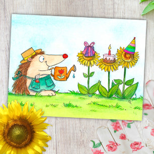 Gardener Hedgehog and Sunflower Birthday postcard 