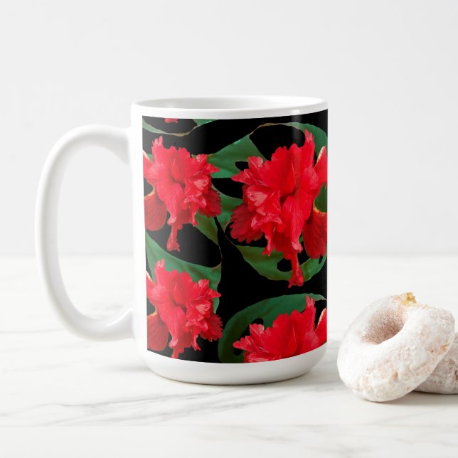 Gardener Hibiscus Monstera Pattern Black  Coffee Mug (With Donut)