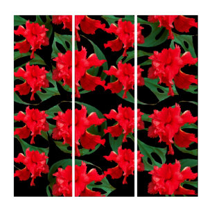 Gardener Hibiscus Monstera Pattern Black Faux Canv Triptych