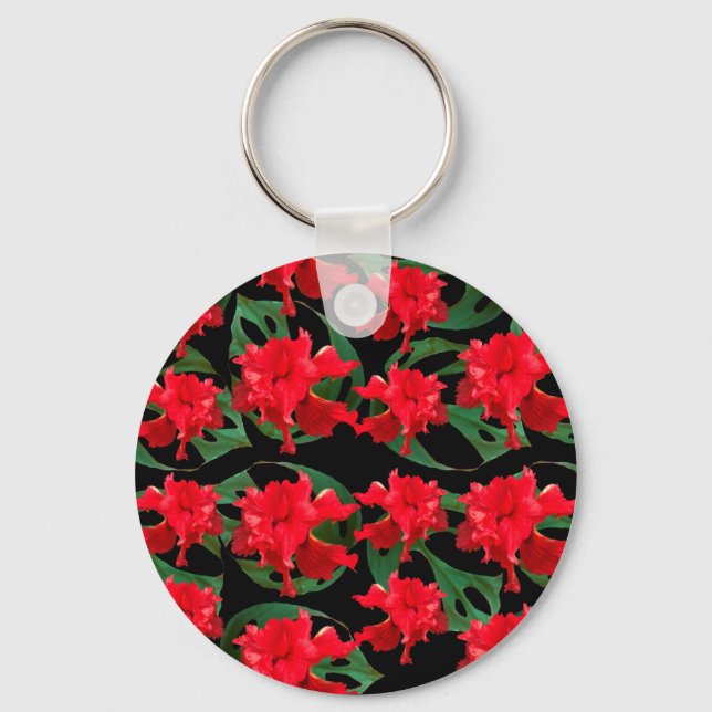 Gardener Hibiscus Monstera Pattern Black  Keychain (Front)