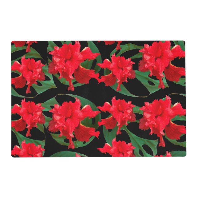 Gardener Hibiscus Monstera Pattern Black  Kitchen Placemat (Front)