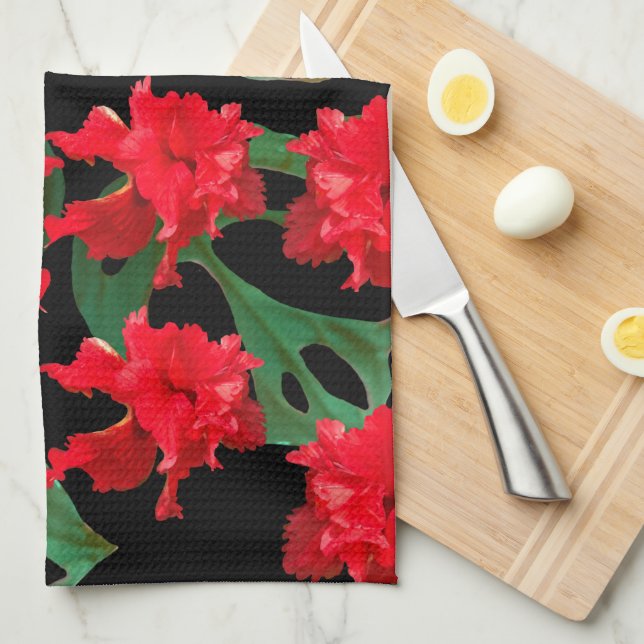 Gardener Hibiscus Monstera Pattern Black  Kitchen Towel (Quarter Fold)