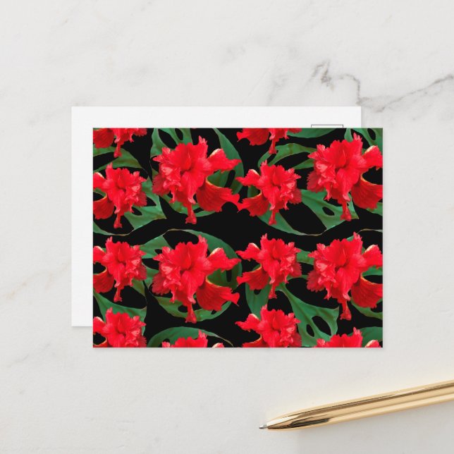 Gardener Hibiscus Monstera Pattern Black   Postcard (Front/Back In Situ)