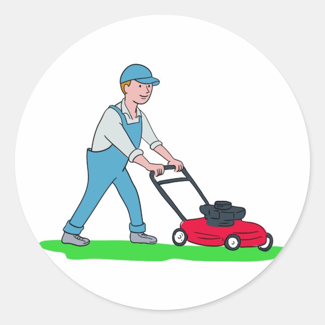 Gardener Mowing Lawn Cartoon Classic Round Sticker (Front)