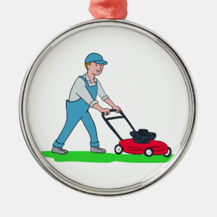 Gardener Mowing Lawn Cartoon Metal Ornament