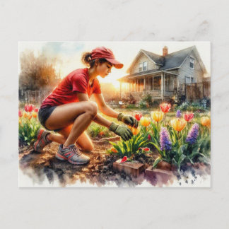 Gardener Tending Flower Beds,  Postcard