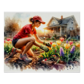 Gardener Tending Flower Beds,  Poster