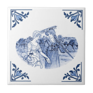 Gardeners Girl Vintage Delft Corner Blue and White Ceramic Tile