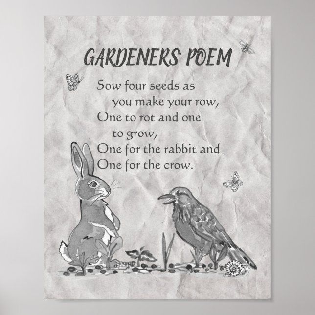 Gardeners' Poem Black & White Seeds, Rabbit, Crow Poster (Front)