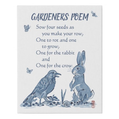 Gardeners Poem Blue  White Seeds Rabbit Crow Faux Canvas Print