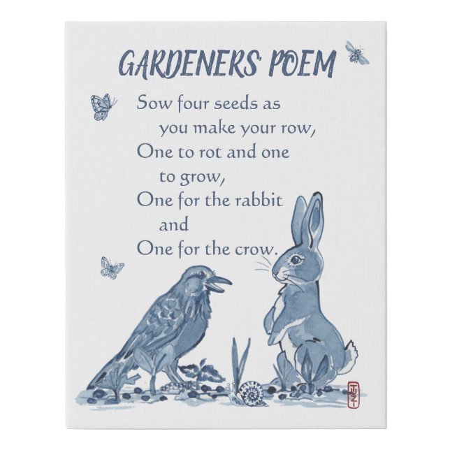 Gardeners' Poem Blue & White Seeds, Rabbit, Crow Faux Canvas Print (Front)