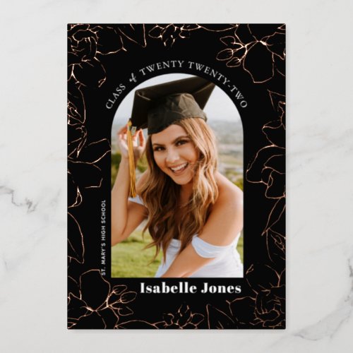 Gardenia Black Floral Arch Photo Graduation Foil Invitation