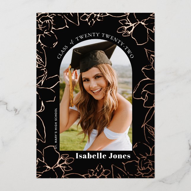 Gardenia Black Floral Arch Photo Graduation Foil Invitation (Front)