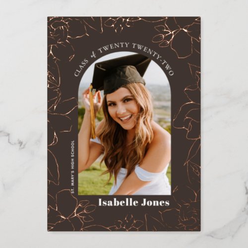 Gardenia Brown Floral Arch Photo Graduation Foil Invitation