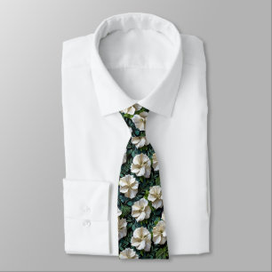 Gardenia & Cedar Leaf Seamless Botanical Pattern Neck Tie