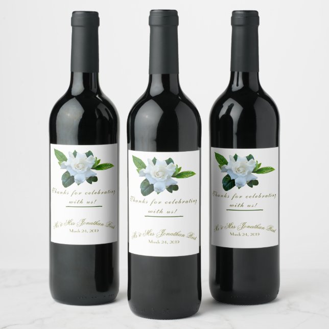 Gardenia Greenery Full Bloom Wedding Wine Label (Bottles)