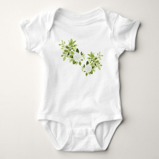 Gardenia jasmine floral watercolor baby bodysuit (Front)
