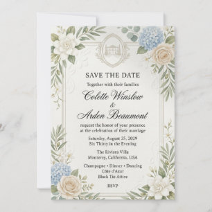 Gardenias, Neutral Roses, Blue Hydrangeas, Olive B Invitation