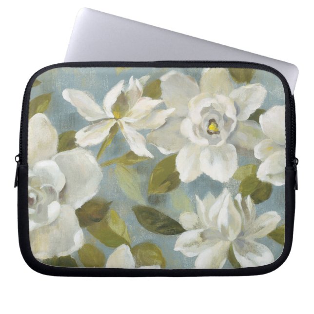 Gardenias on Slate Blue Laptop Sleeve (Front)