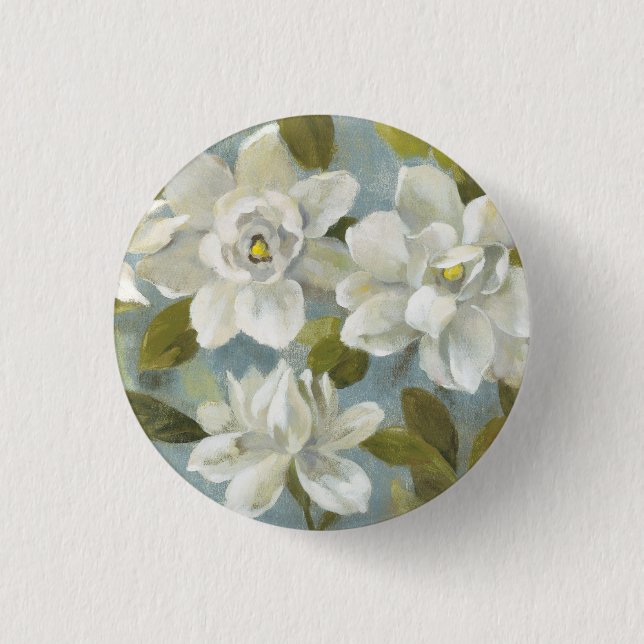 Gardenias on Slate Blue Pinback Button (Front)