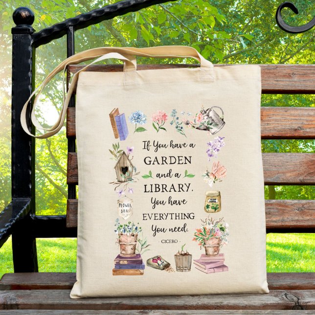 Gardening and Library Quote Floral Garden Tote Bag (In situ)
