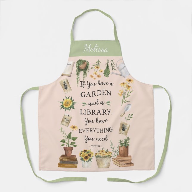 Gardening and Library Quote Sunflower and Herbs Apron (Front)