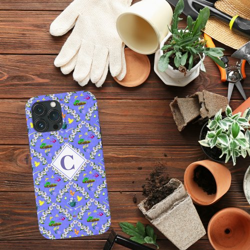Gardening Blue Passionflower Pattern Monogram iPhone 13 Pro Max Case