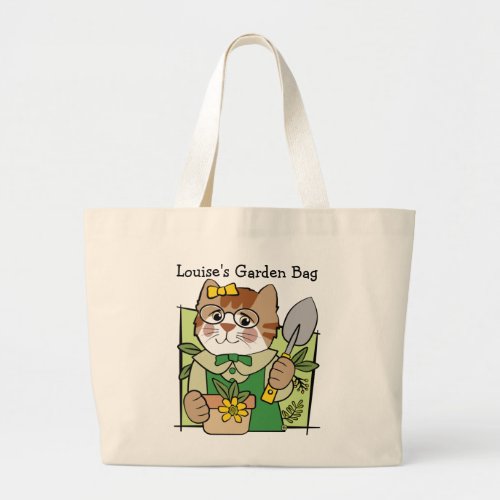 Gardening Cat with Trowel and Flower Plant Large Tote Bag