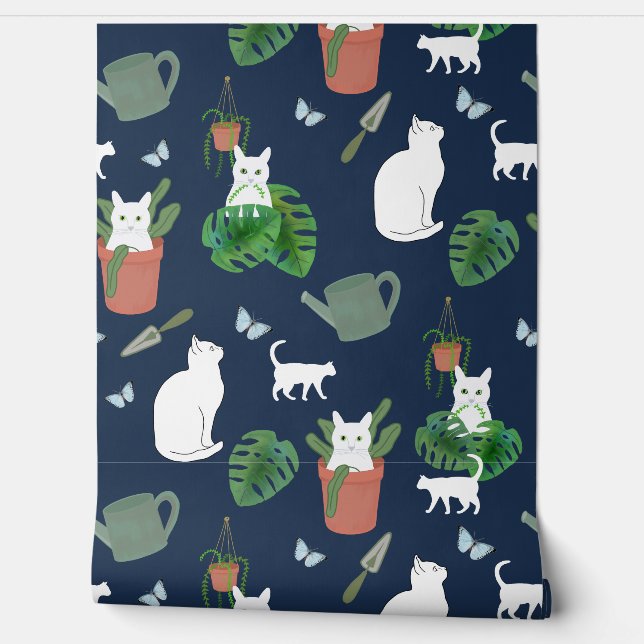 Gardening Cats White Kitty and Plants on Blue Wall Wallpaper (Unrolling)