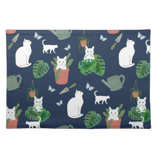 Gardening Cats White Kitty Plants Blue Placemat