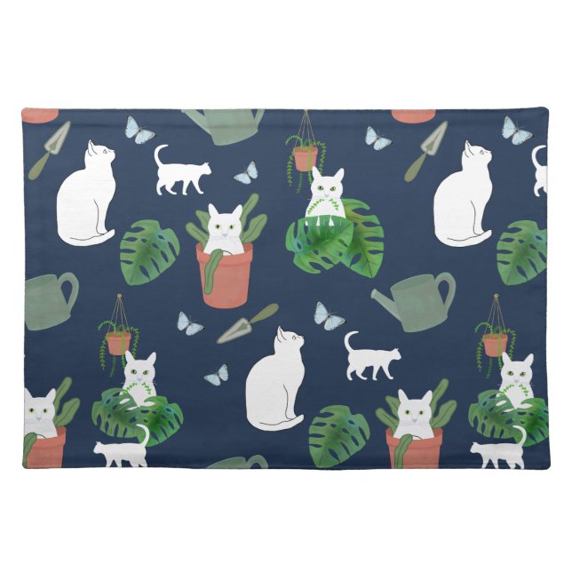 Gardening Cats White Kitty Plants Blue Placemat (Front)