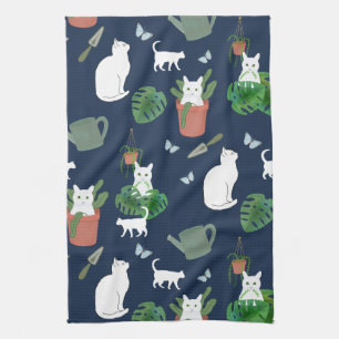 Gardening Cats White Kitty Plants Blue Tea Towel