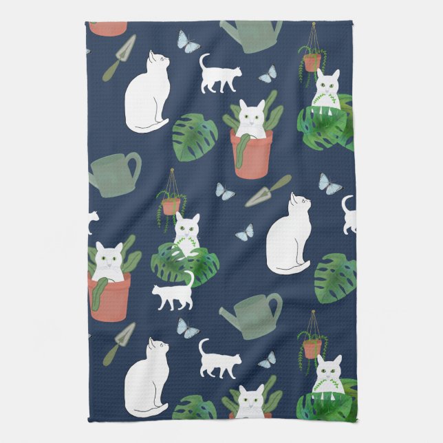 Gardening Cats White Kitty Plants Blue Tea Towel (Vertical)