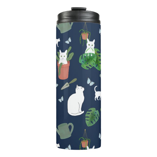 Gardening Cats White Kitty Plants Blue Tumbler (Front)