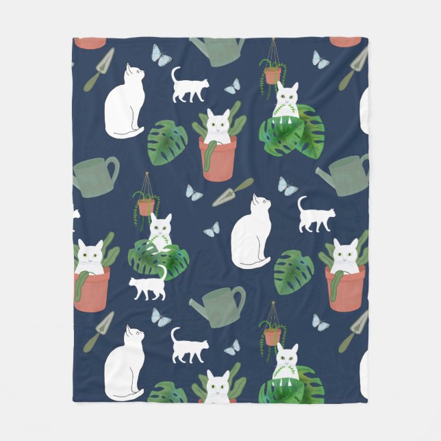 Gardening Cats White Kitty Plants on Blue Blanket (Front)