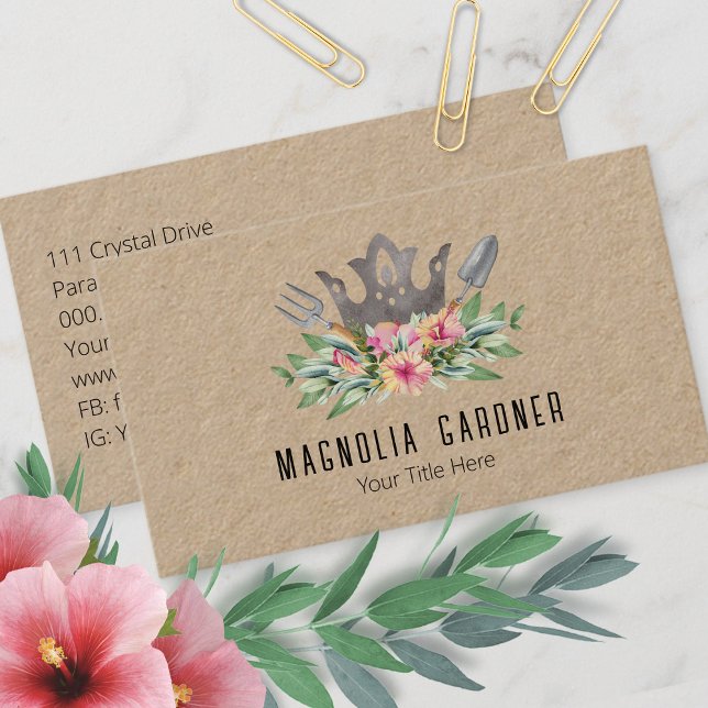 Gardening Crown Boho Chic Watercolor Tools Flowers Business Card (Creator Uploaded)