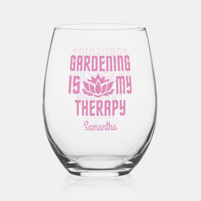 Gardening custom name & color button stemless wine glass (Front)